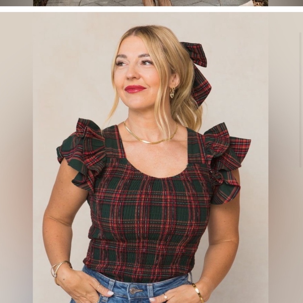 Ivy City Co Hattie Plaid shirt blouse Christmas Holiday S smocked